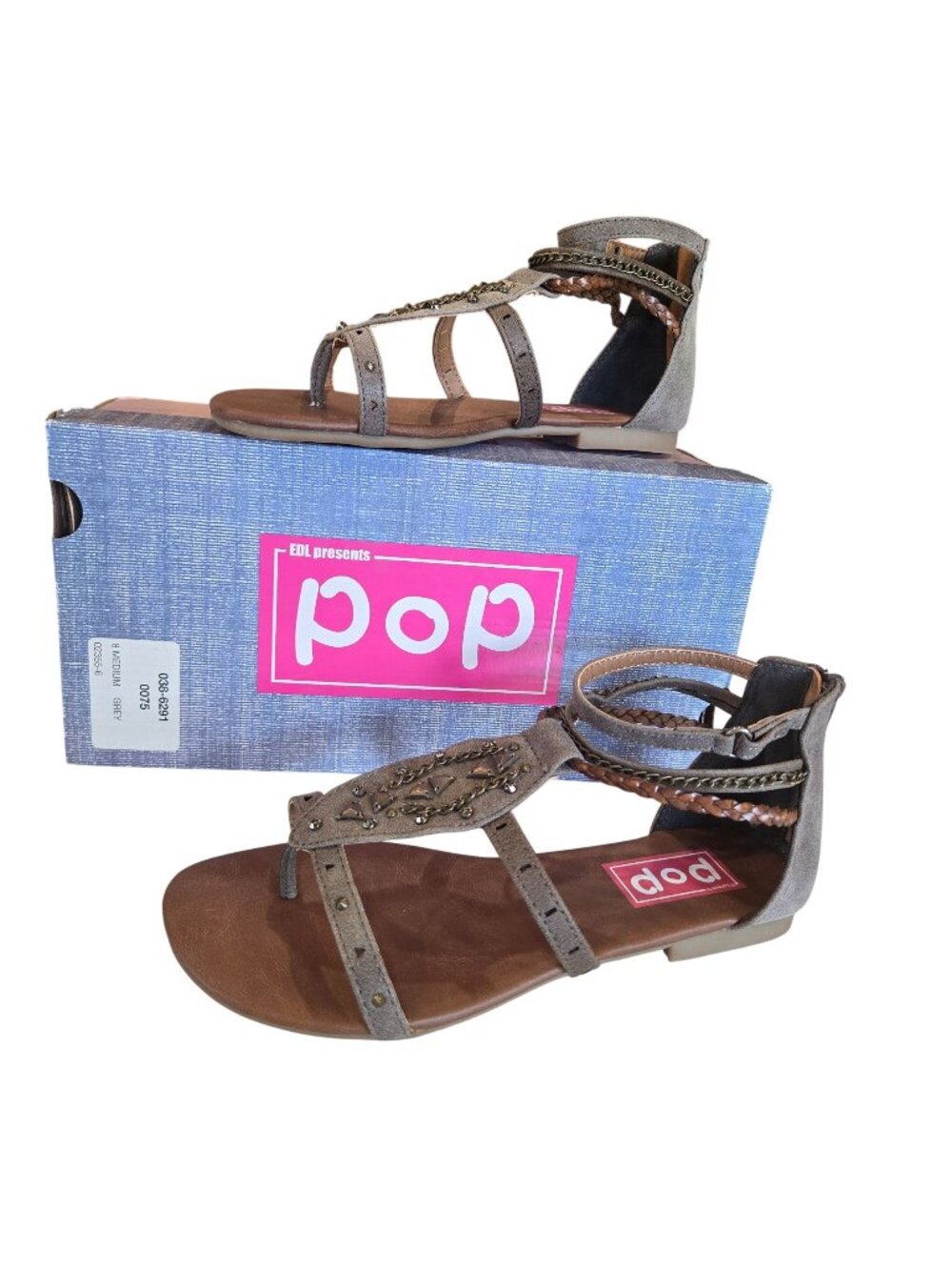 Pop Jellypop Maison Strappy Gladiator Embellished Grey Sandals NIB Size 8